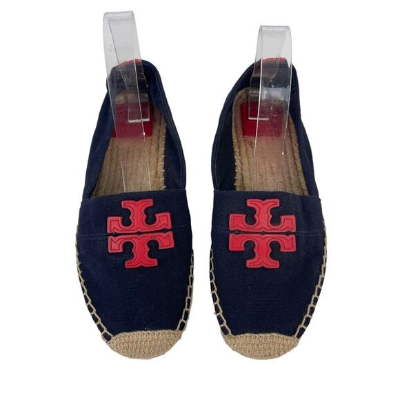 TORY BURCH Weston Navy Red Canvas Slip On Flat Espadrille Sandals Size 8M - Picture 3 of 16